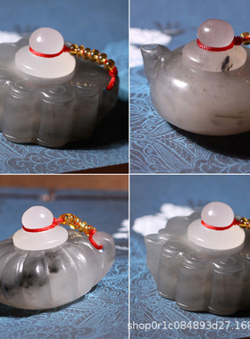 新疆克拉玛依金丝玉青花玉把把壶手把件南瓜壶竹节烟灰色玉壶文玩