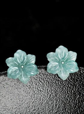 天然A货翡翠蓝水兰花耳钉冰种玉石花瓣S925银镶古风女款耳饰