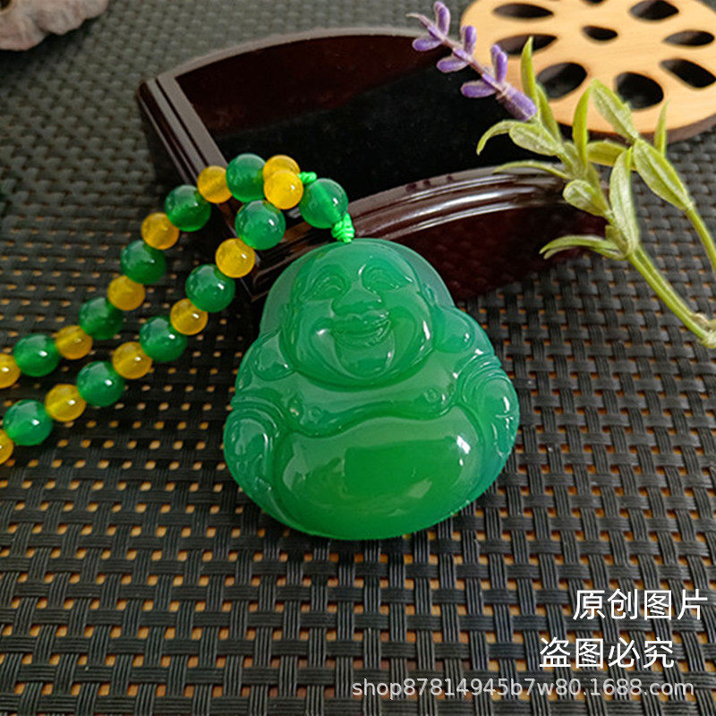 厂家天然绿玛瑙佛公吊坠帝王绿项链大款弥勒佛玉佩毛衣链配饰