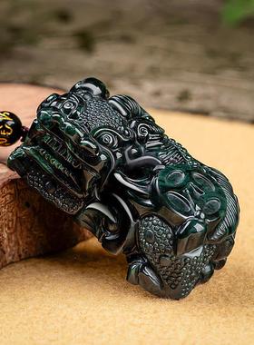 天然墨玉翡翠霸王貔貅招财如意冰种玉石吊坠皮丘挂件一对