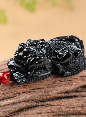 天然墨玉翡翠小号如意貔貅冰种玉石吊坠皮丘男士女款挂件一对