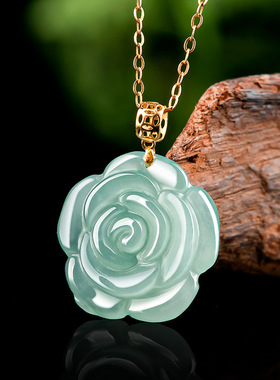 正品天然A货翡翠18K金扣头蓝水玫瑰花玉石吊坠冰种挂坠女款简约