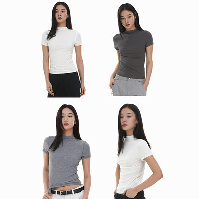 SILAVIE  夏季简约时髦精B入半高领ins紧身小短袖T恤女