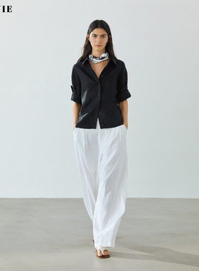 SILAVIE 亚麻老钱风极简破缝设计显瘦休闲直筒裤女白色阔腿拖地裤