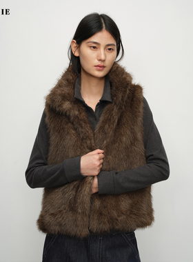 SILAVIE环保皮草柔软慵懒无袖黑金紫貂毛毛立领叠穿保暖马甲外套