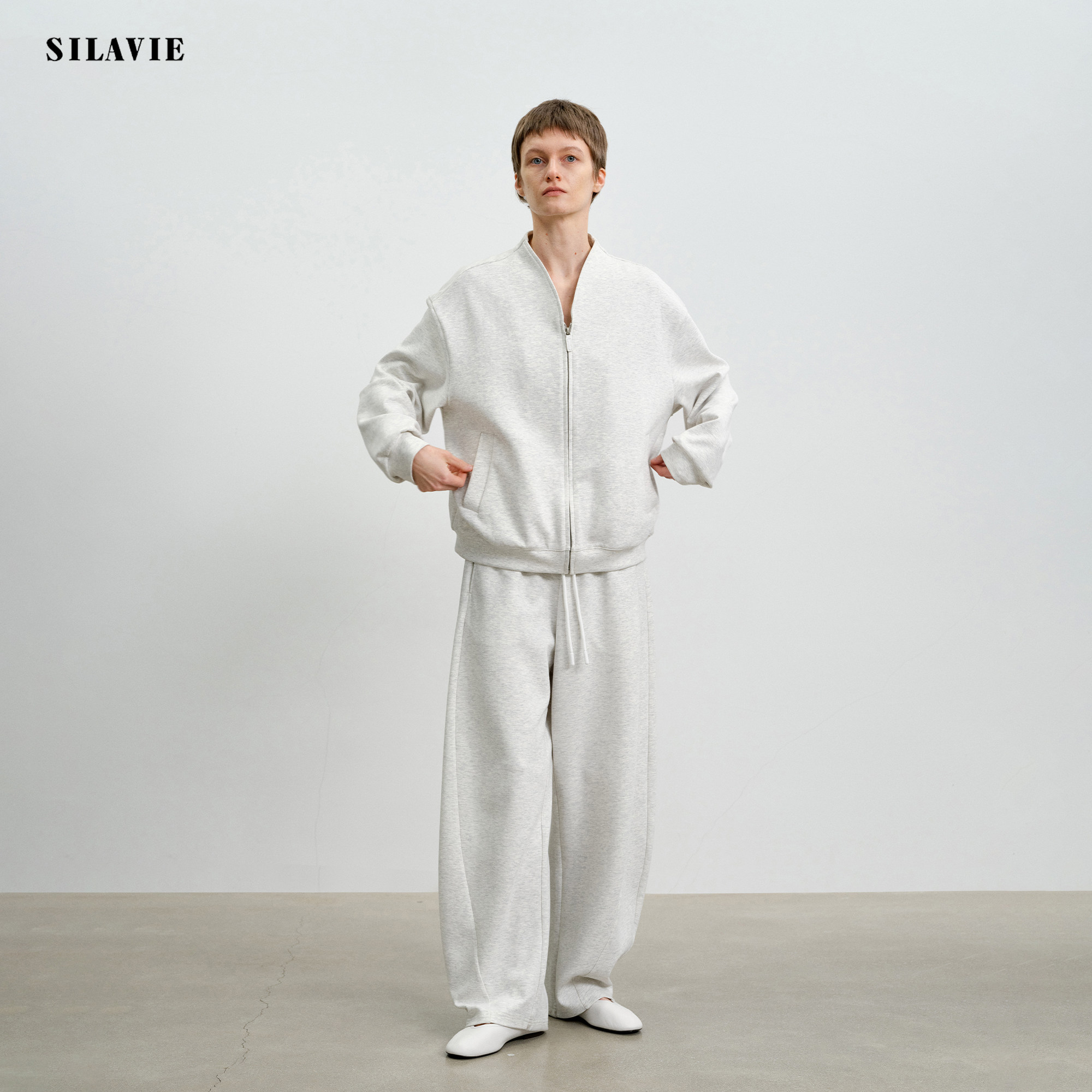 SILAVIE卫衣套装春季女灰色立领中式拉链外套休闲弯刀香蕉卫裤子