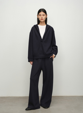 SILAVIE骆驼毛连帽大V领卫衣松弛感休闲直筒裤宽松廓形通勤套装