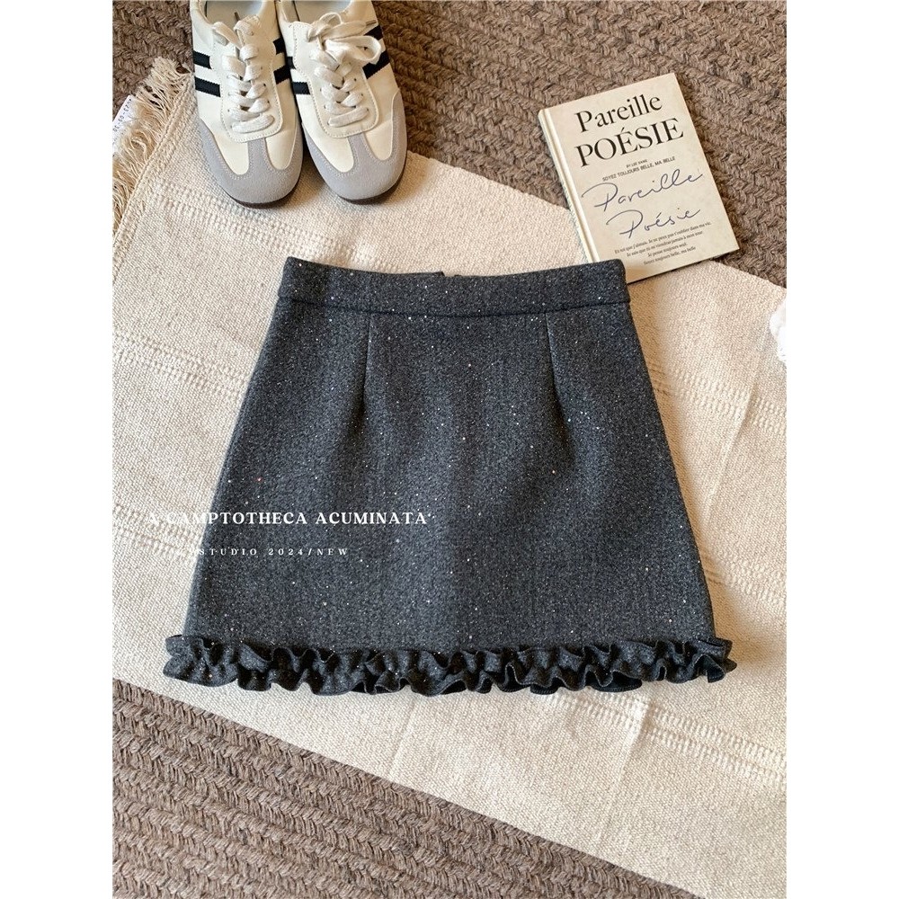 韩系氛围感时髦亮闪木耳边半身裙女士冬季高腰显瘦加厚纯色短裙,女装/女士精品,大码半身裙,淘宝优惠券,粉丝福利购,淘宝优惠卷