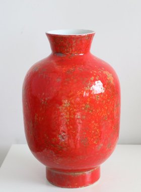 现代新中式石榴红色陶瓷花器禅意茶室玄关家居软装饰品窄口花瓶