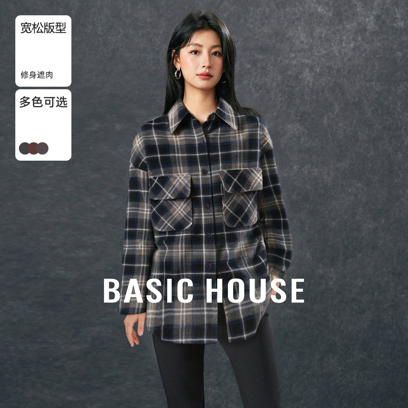 Basic House/百家好撞色休闲渐变百搭格子设计感冬季新款长袖棉服