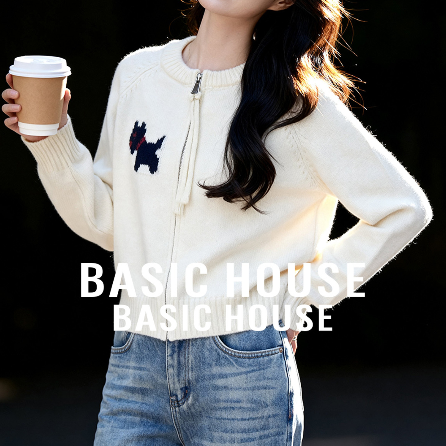 百家好小狗提花休闲开衫毛衣女2025冬季新款减龄百搭卡通针织外套