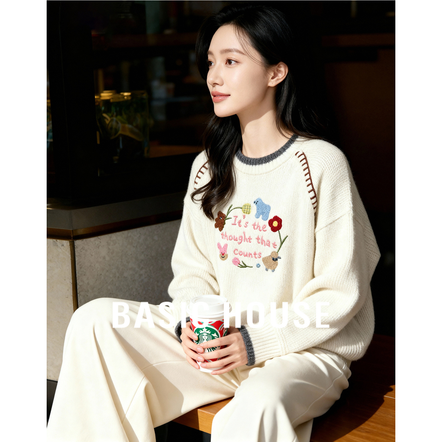 Basic House/百家好童趣刺绣卡通图案毛衣女冬编织设计感针织上衣