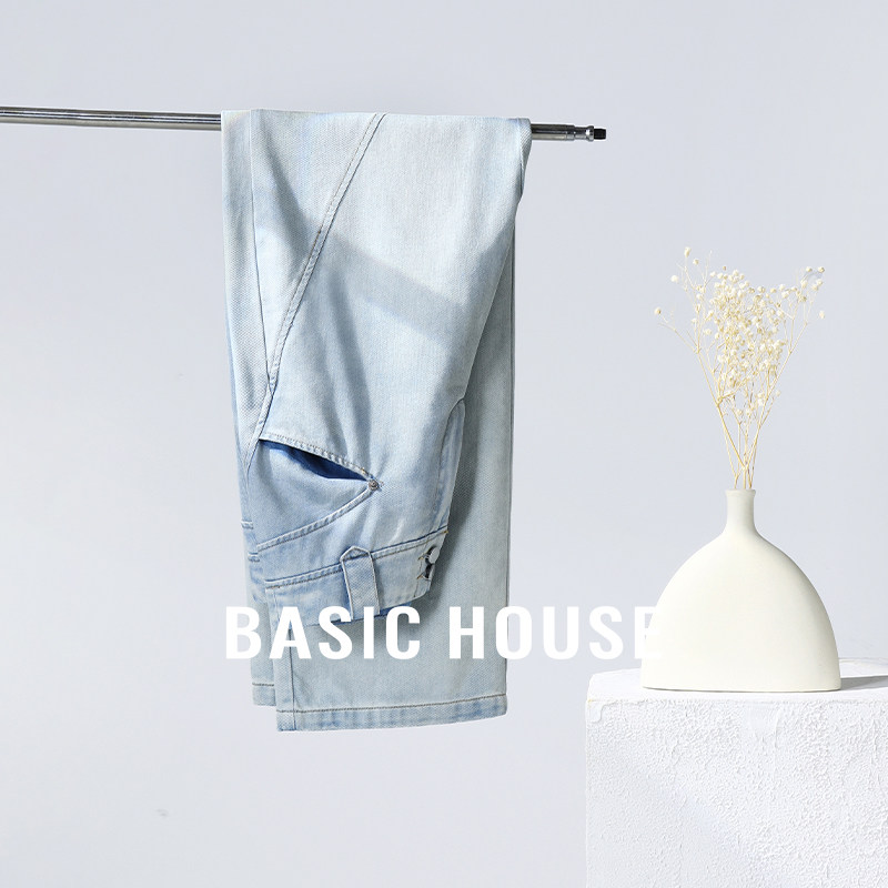 Basic House/百家好莱赛尔冰丝牛仔裤夏季设计感高腰直筒裤子薄款