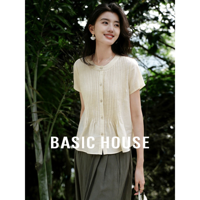 Basic House/百家好莱赛尔纯色短袖衬衫女2026春季压褶娃娃衫衬衣