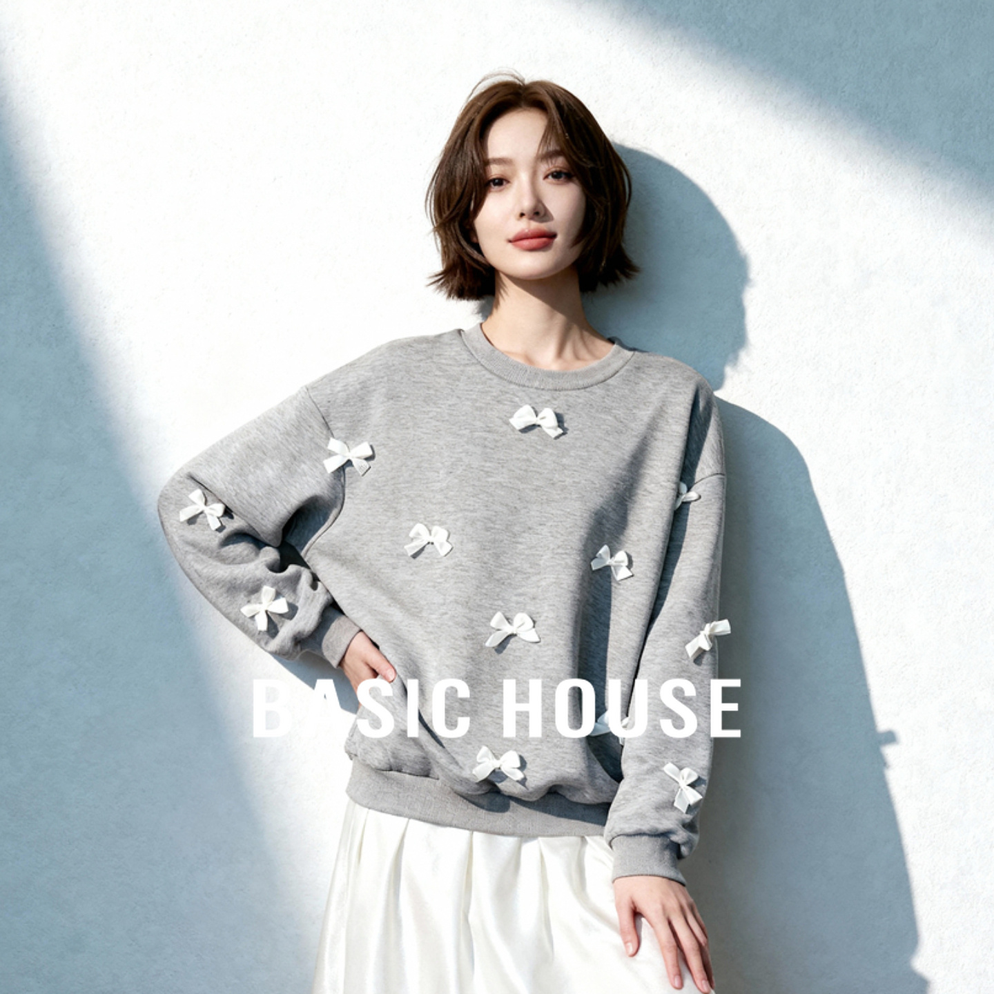 Basic House/百家好韩系撞色假两件连衣裙蝴蝶结卫衣拼接长裙新款