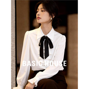 百家好纯白撞色飘带领结衬荷叶边喇叭袖上衣春季显瘦百搭气质衬衫