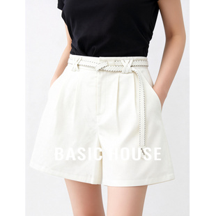 Basic House/百家好高腰短裤女夏季流行天丝纯色亚麻直筒阔腿裤子