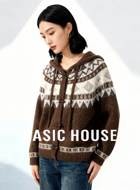 Basic House/百家好复古牛角扣连帽开衫毛衣女25秋冬宽松保暖外套