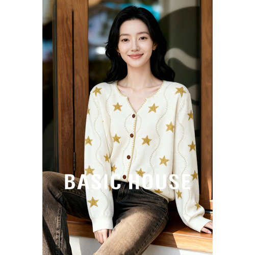 Basic House/百家好星星提花针织开衫女冬温柔风软糯亲肤毛衣外套