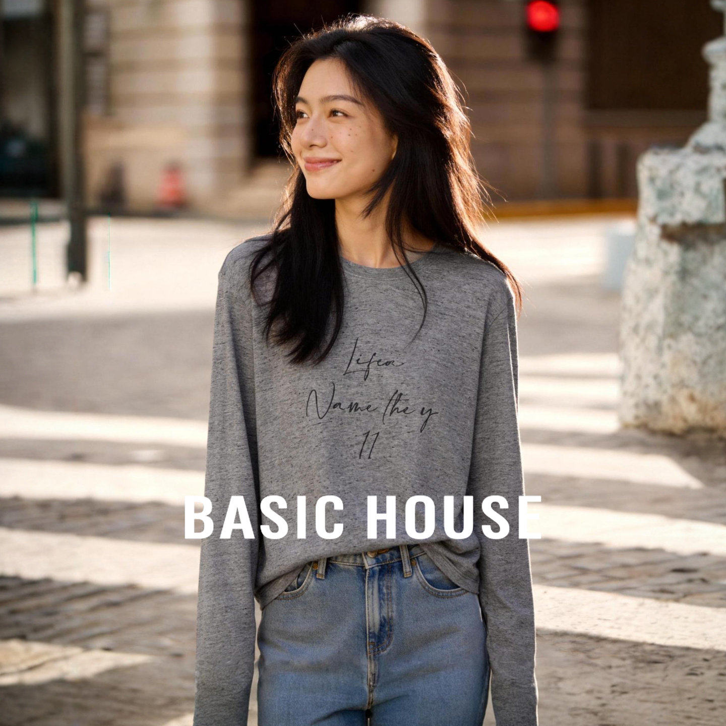 百家好简约灰色字母印花长袖T恤女春季新款宽松显瘦休闲打底上衣