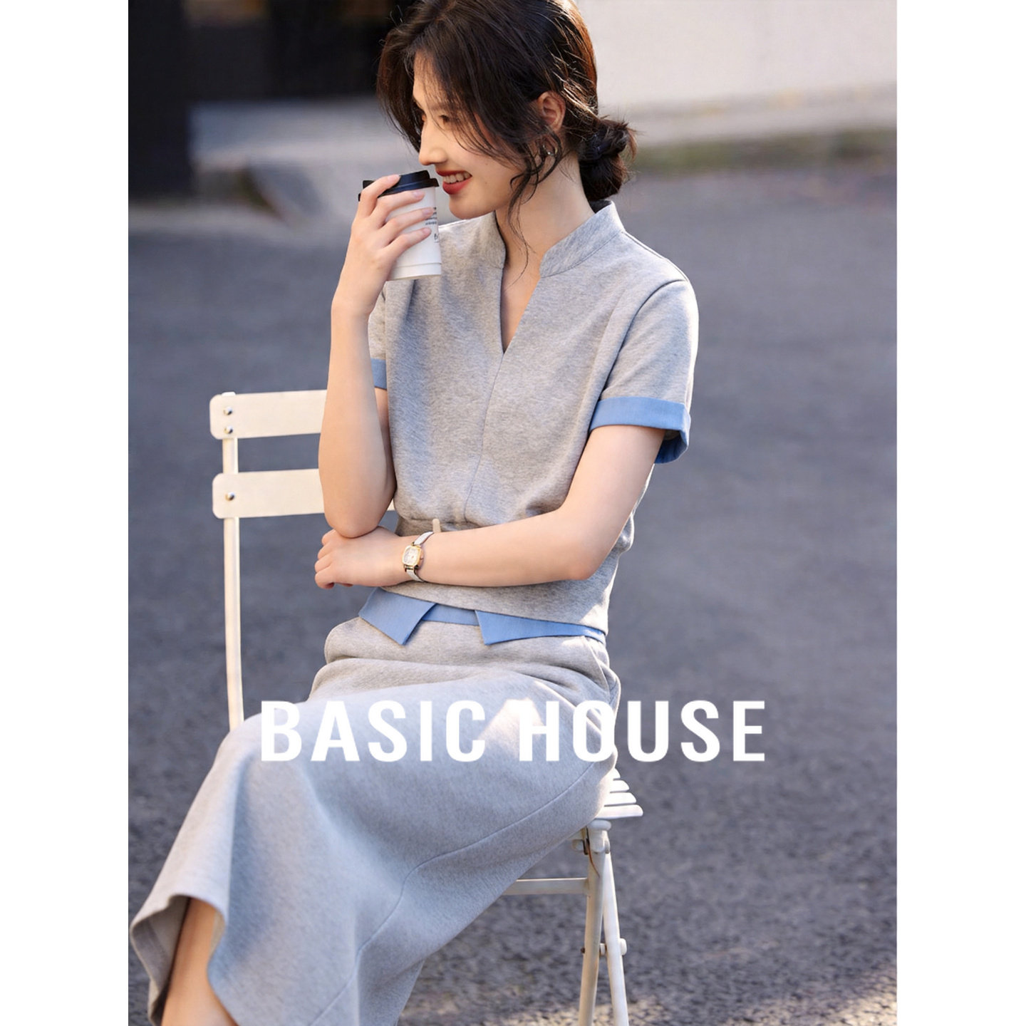 Basic House/百家好撞色小众套装短袖V领上衣半身长裙两件套夏季