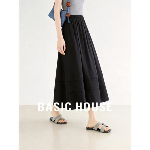 Basic House/百家好法式纯色半身裙女高腰大摆伞裙休闲A字中长裙