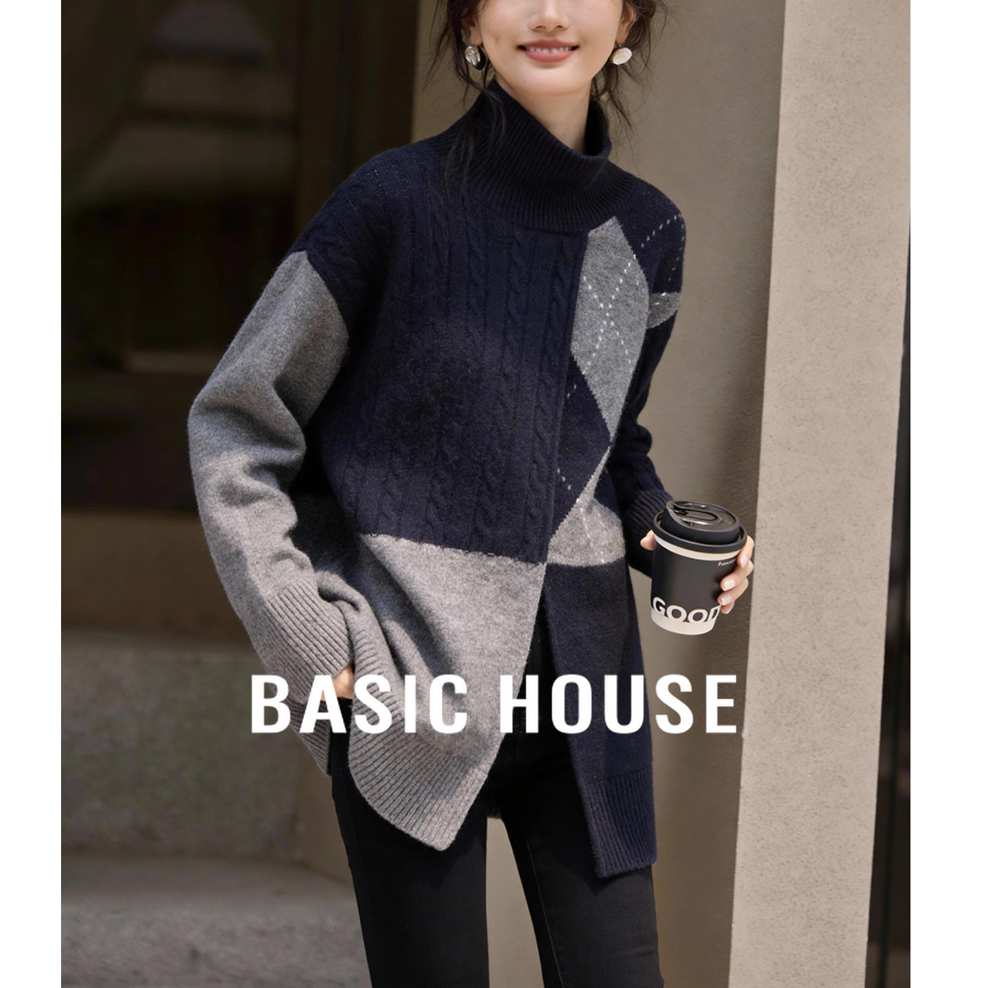 百家好撞色菱形格高领毛衣女2026春新款复古绞花拼接慵懒风针织衫