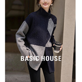 百家好撞色菱形格高领毛衣女2026春新款 复古绞花拼接慵懒风针织衫