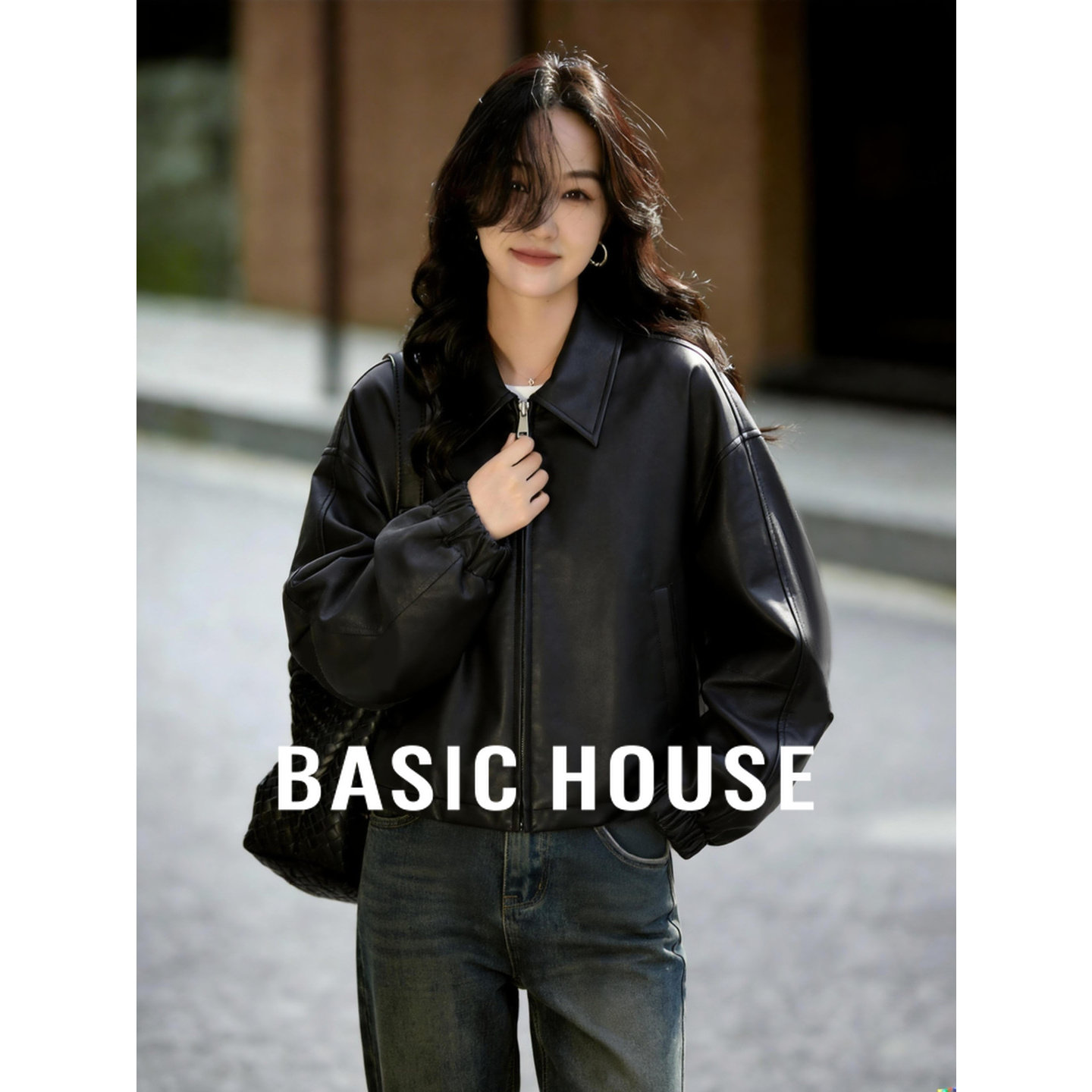 Basic House/百家好黑色翻领皮衣短外套2026春复古宽松机车夹克女