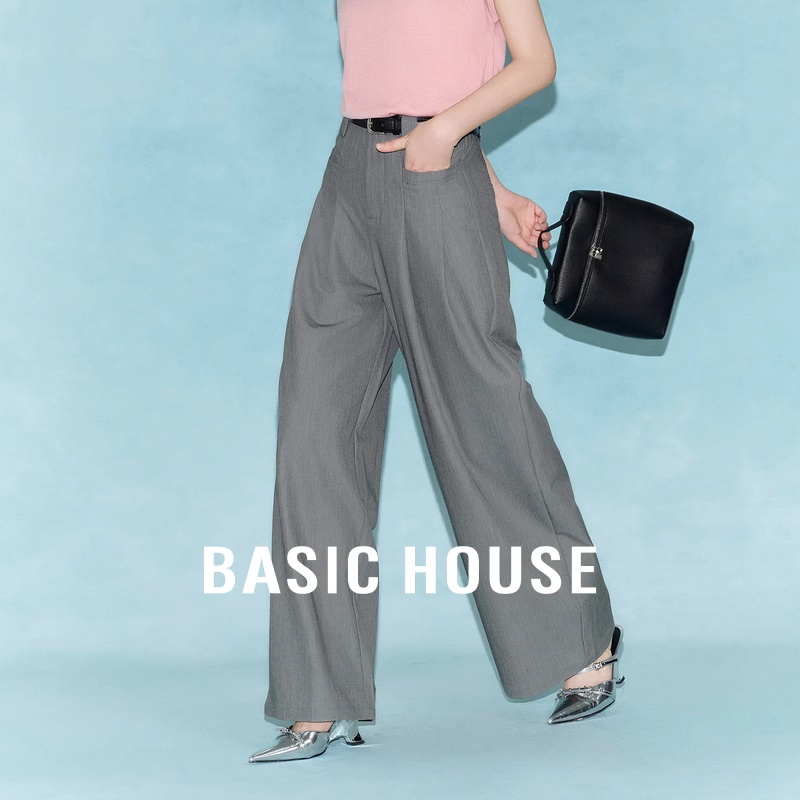 Basic House/百家好夏季新款直筒垂感拖地西装裤高腰显瘦阔腿长裤
