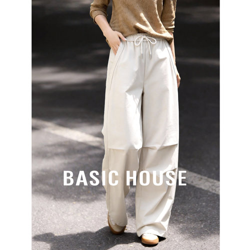 Basic House/百家好工装风阔腿裤女春新款高腰显瘦宽松休闲伞兵裤