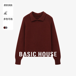 套头短款 Basic 气质泡泡袖 百家好红色翻领毛衣秋冬新款 上衣 House