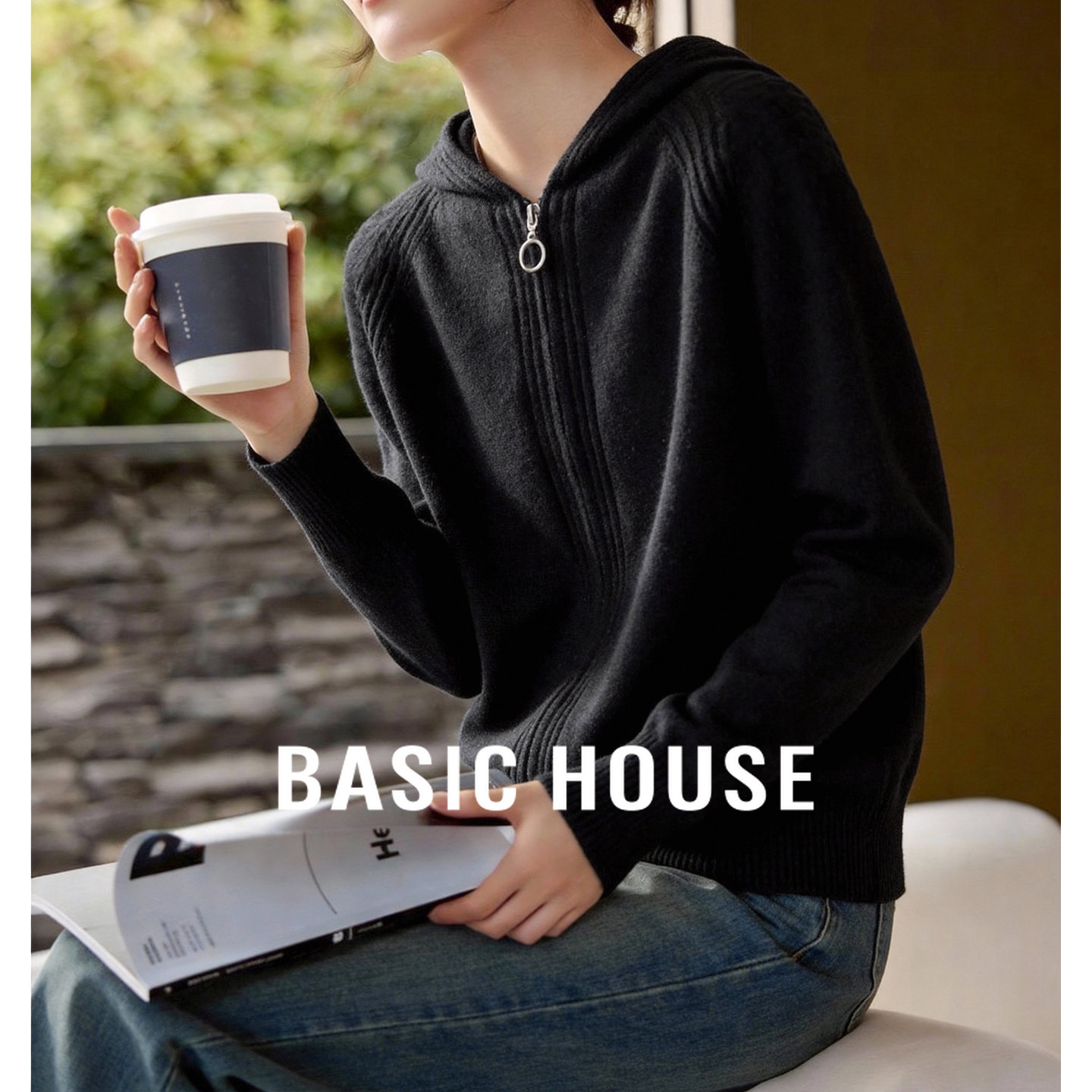 百家好针织帽衫外套26春季新款女士黑色百搭连帽上衣拉链开衫毛衣