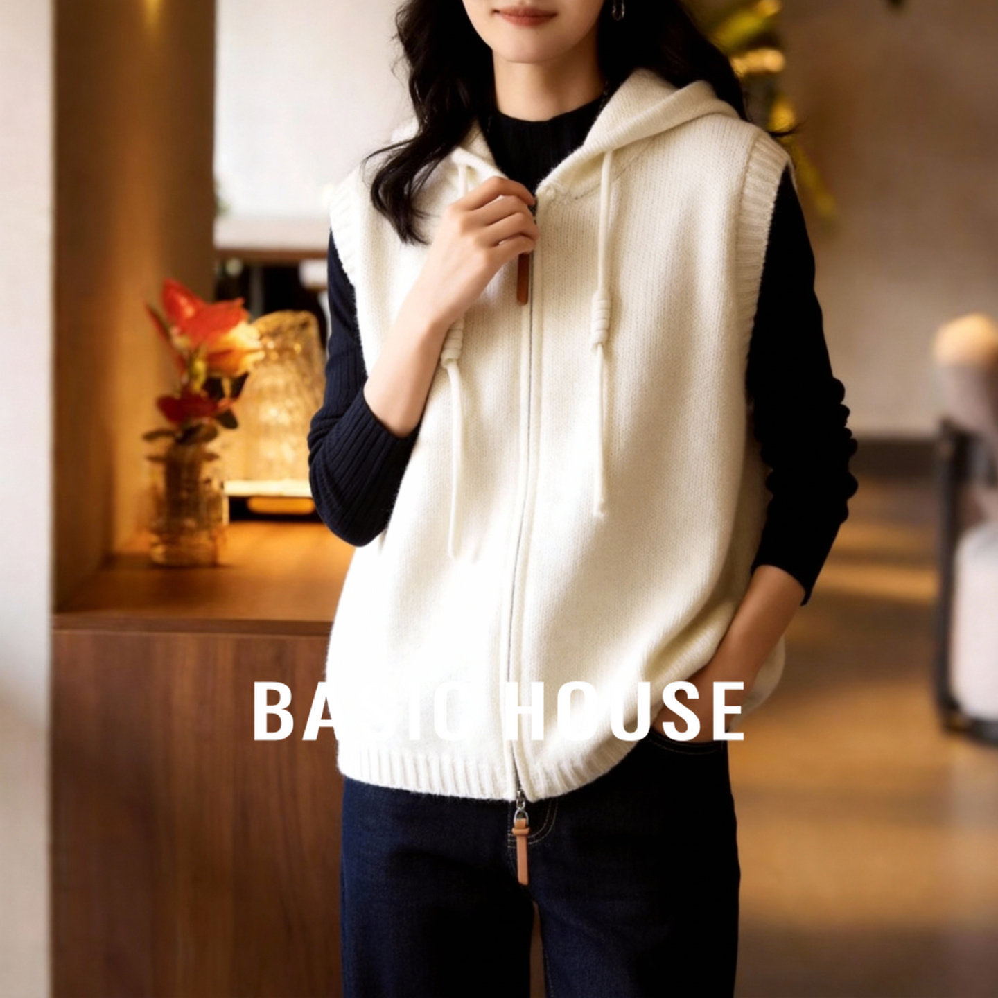 百家好拉链毛衣马甲外套冬季新款女士羊毛针织衫黑色短款马夹背心