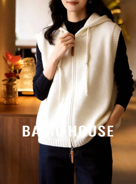 百家好拉链毛衣马甲外套春季新款女士羊毛针织衫白色短款马夹背心