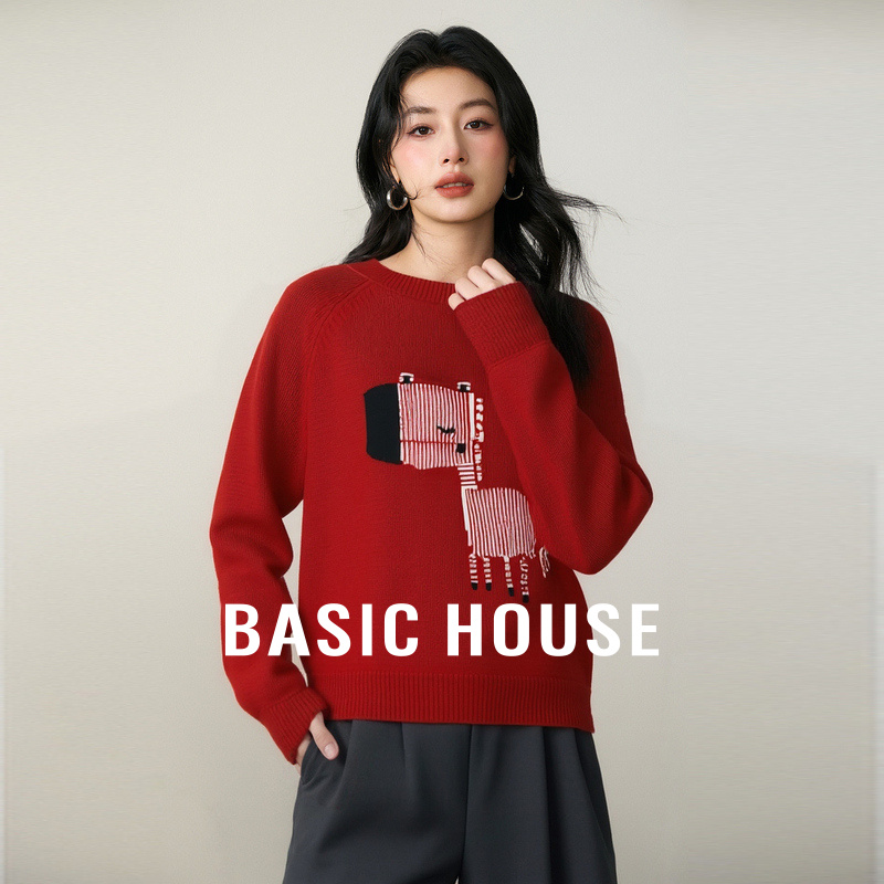 Basic House/百家好卡通刺绣绵羊毛上衣女秋冬高级插肩袖套头毛衣