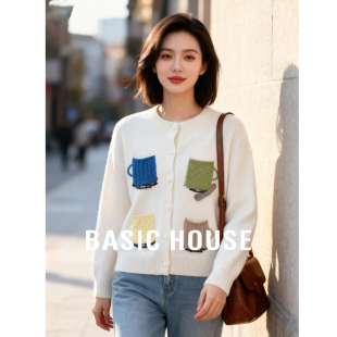 毛衣女2026春宽松圆领软糯上衣 百家好杯子刺绣开衫 Basic House