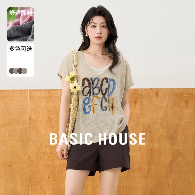 Basic House/百家好休闲短袖针织衫女夏季新款薄款修身显瘦短上衣