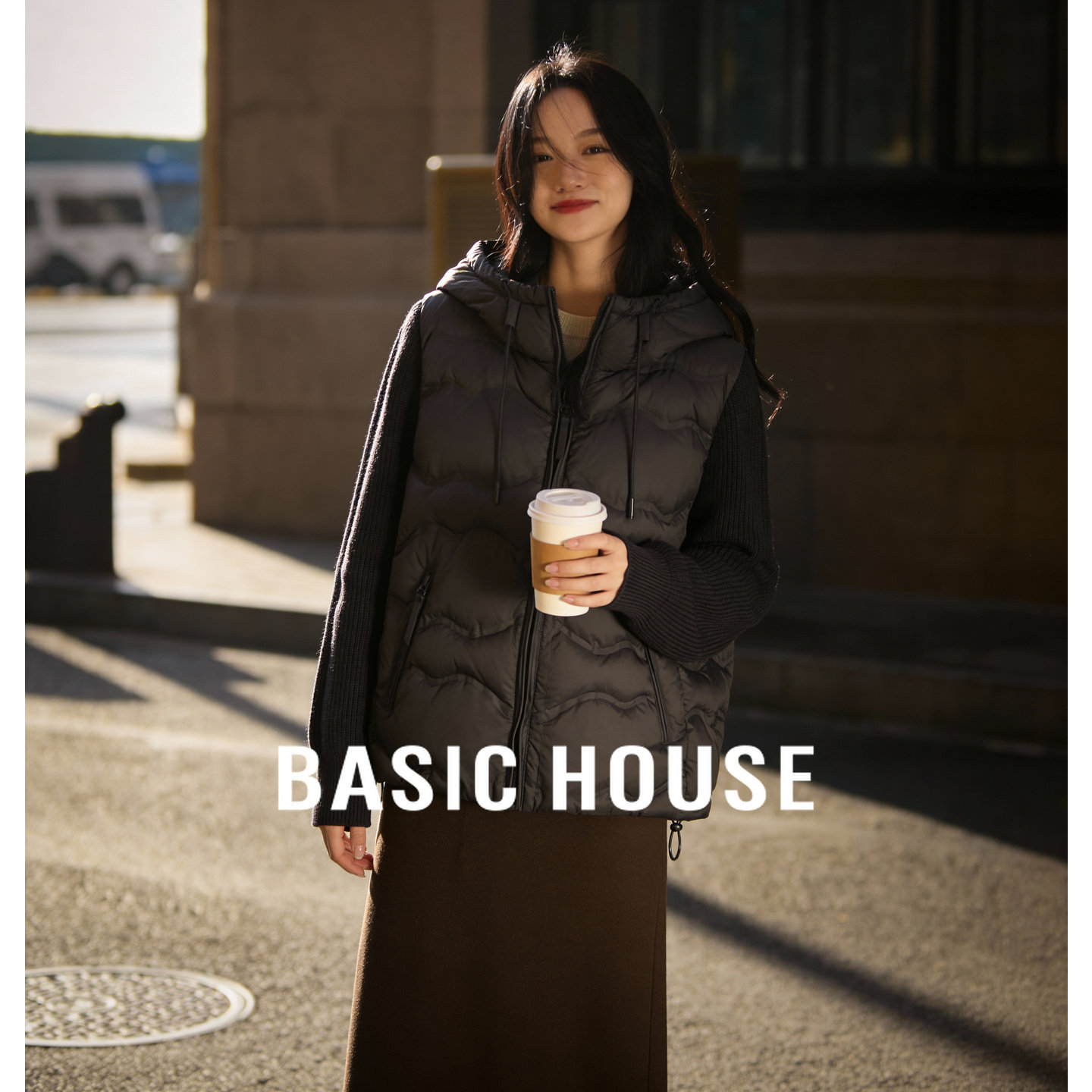 Basic House/百家好休闲针织拼接短款羽绒服白鸭绒假两件连帽外套