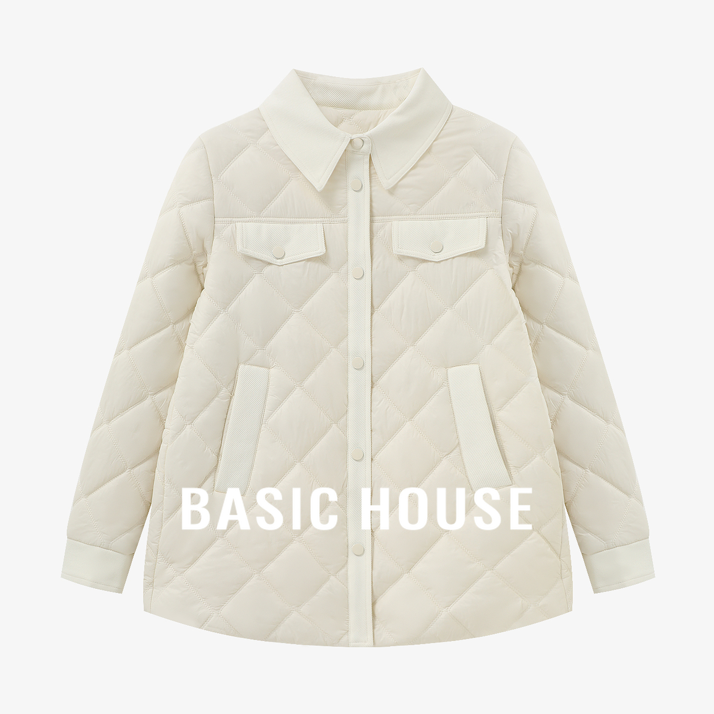 Basic House/百家轻薄短款小香风棉服女冬季新款菱格白色翻领外套