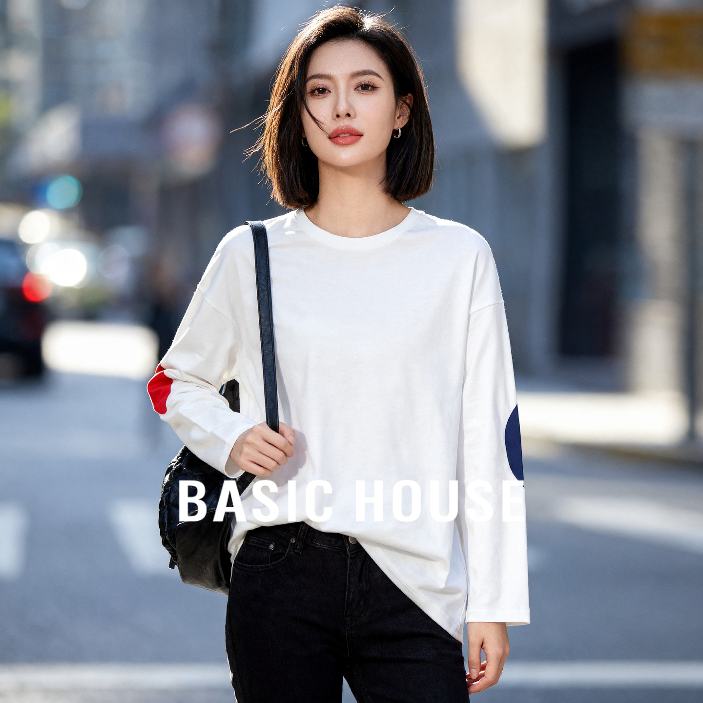 Basic House/百家好简约休闲T恤2025秋季个性撞色长袖套头上衣女