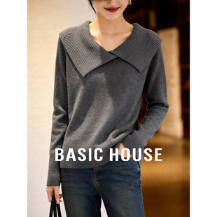 灰色交叉翻领针织衫 百家好法式 春季 修身 女 Basic 纯色打底衫 House