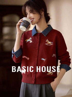 Basic House/百家好拼接牛仔领假两件针织衫木马刺绣宽松显瘦开衫