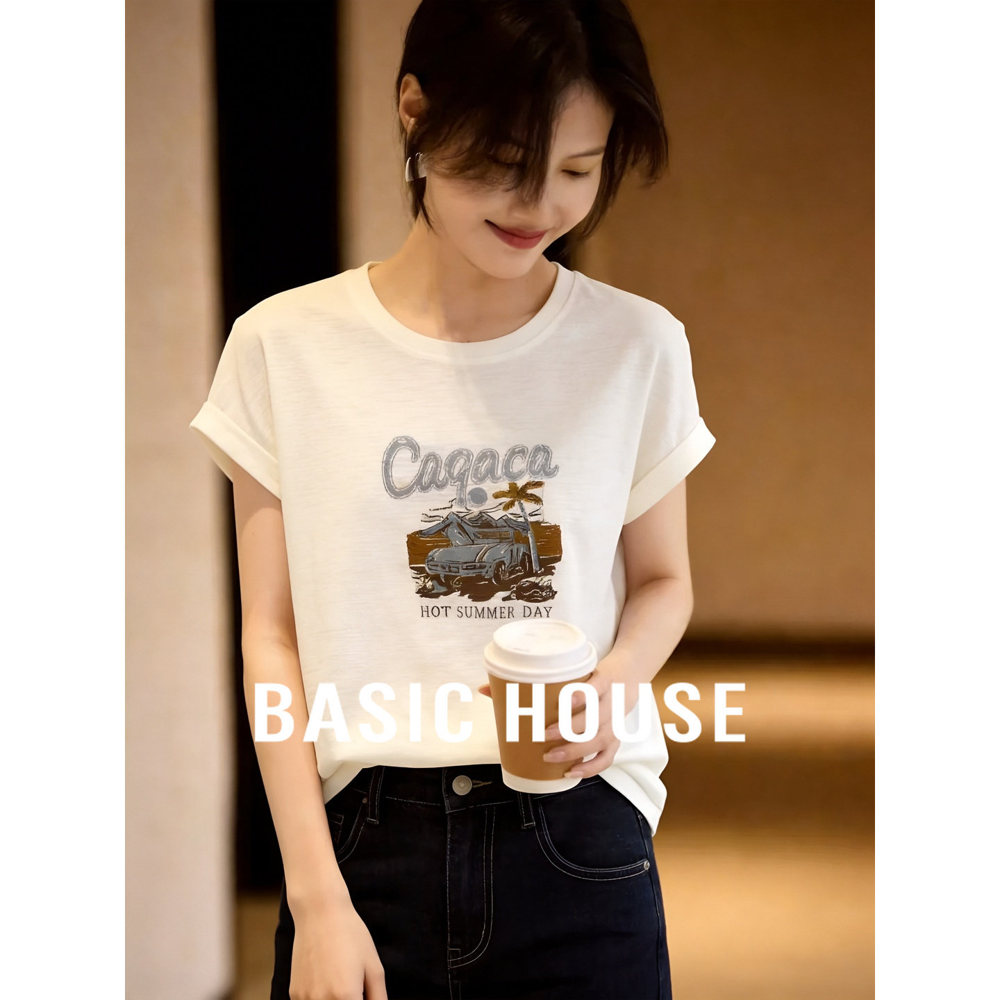 Basic House/百家好卡通刺绣短袖针织衫夏季短款圆领撞色套头上衣