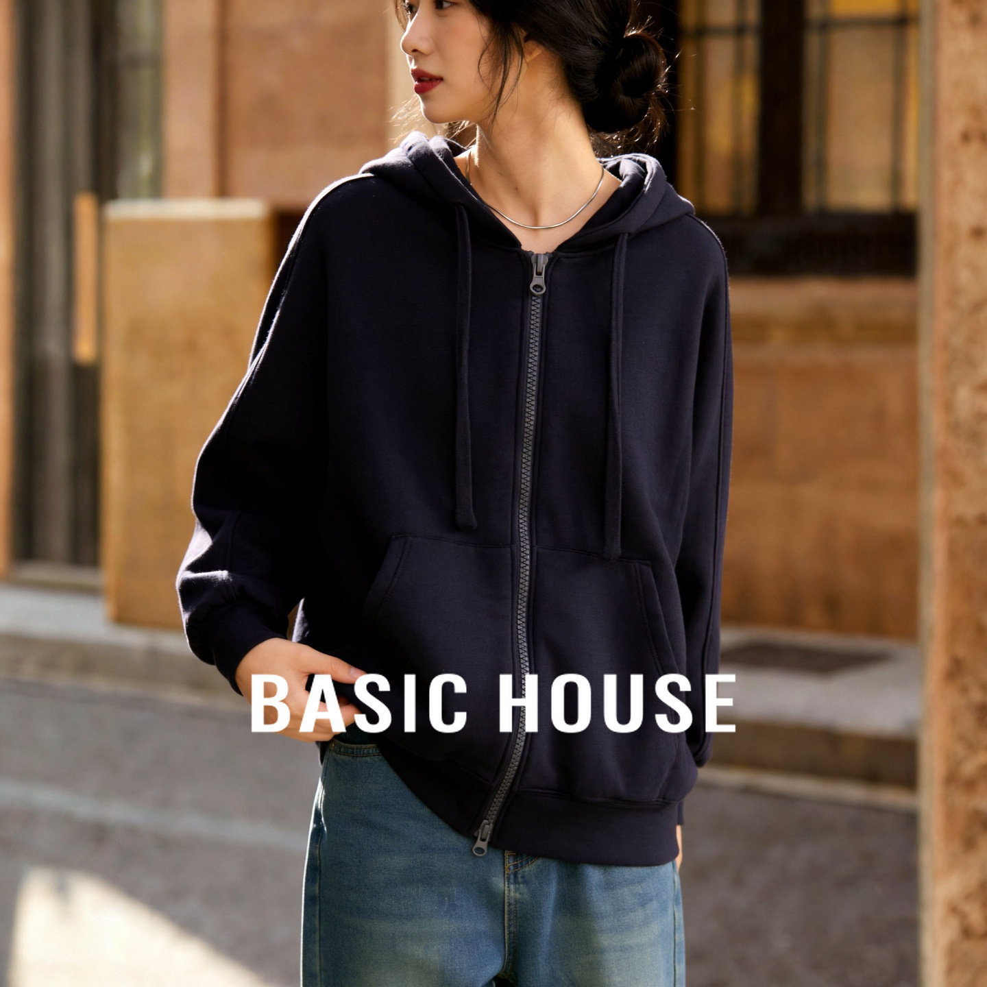 Basic House/百家好春款藏青连帽卫衣女新款慵懒风开衫运动外套