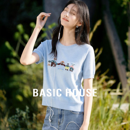 Basic House/百家好卡通刺绣短袖针织衫女夏蓝色圆领宽松减龄上衣