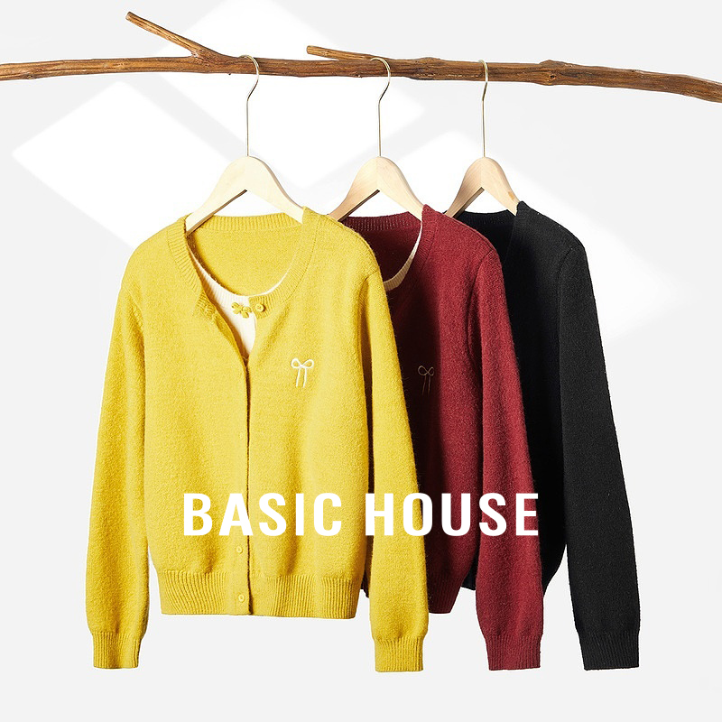 Basic House/百家好温柔风假两件针织开衫秋季新款蝴蝶结软糯上衣