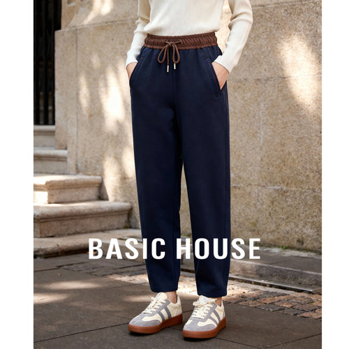 Basic House/百家好撞色抽绳腰头设计感秋冬新款简约百搭休闲长裤
