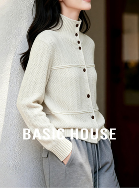 Basic House/百家好高领单排扣绵羊毛开衫毛衣女冬慵懒风针织外套