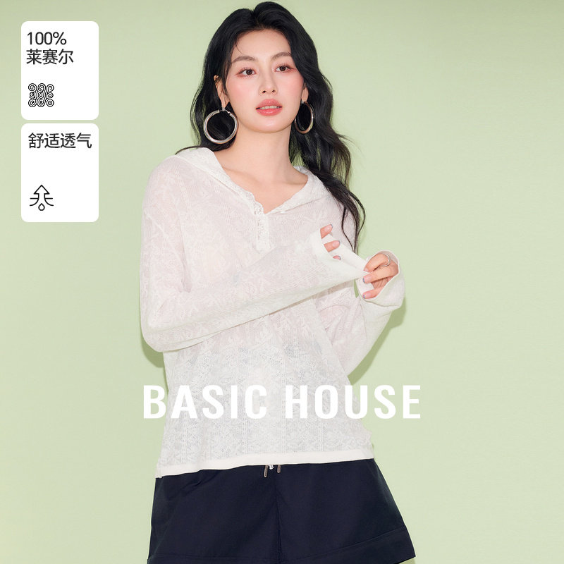 Basic House/百家好蕾丝拼接连帽针织衫女春夏新款白色莱赛尔上衣